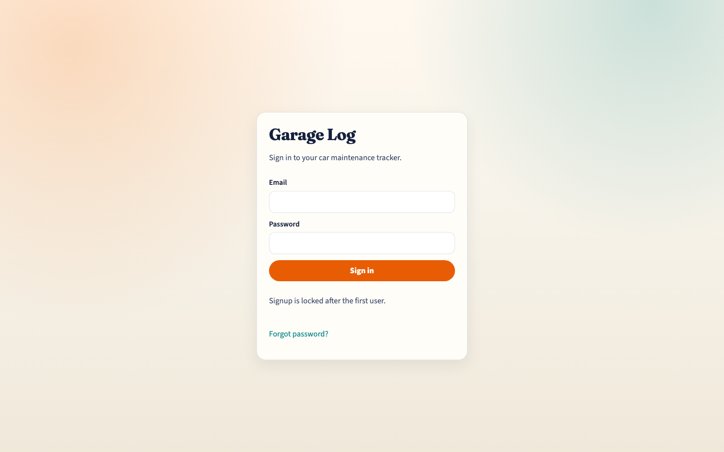 Garage Log sign-in page