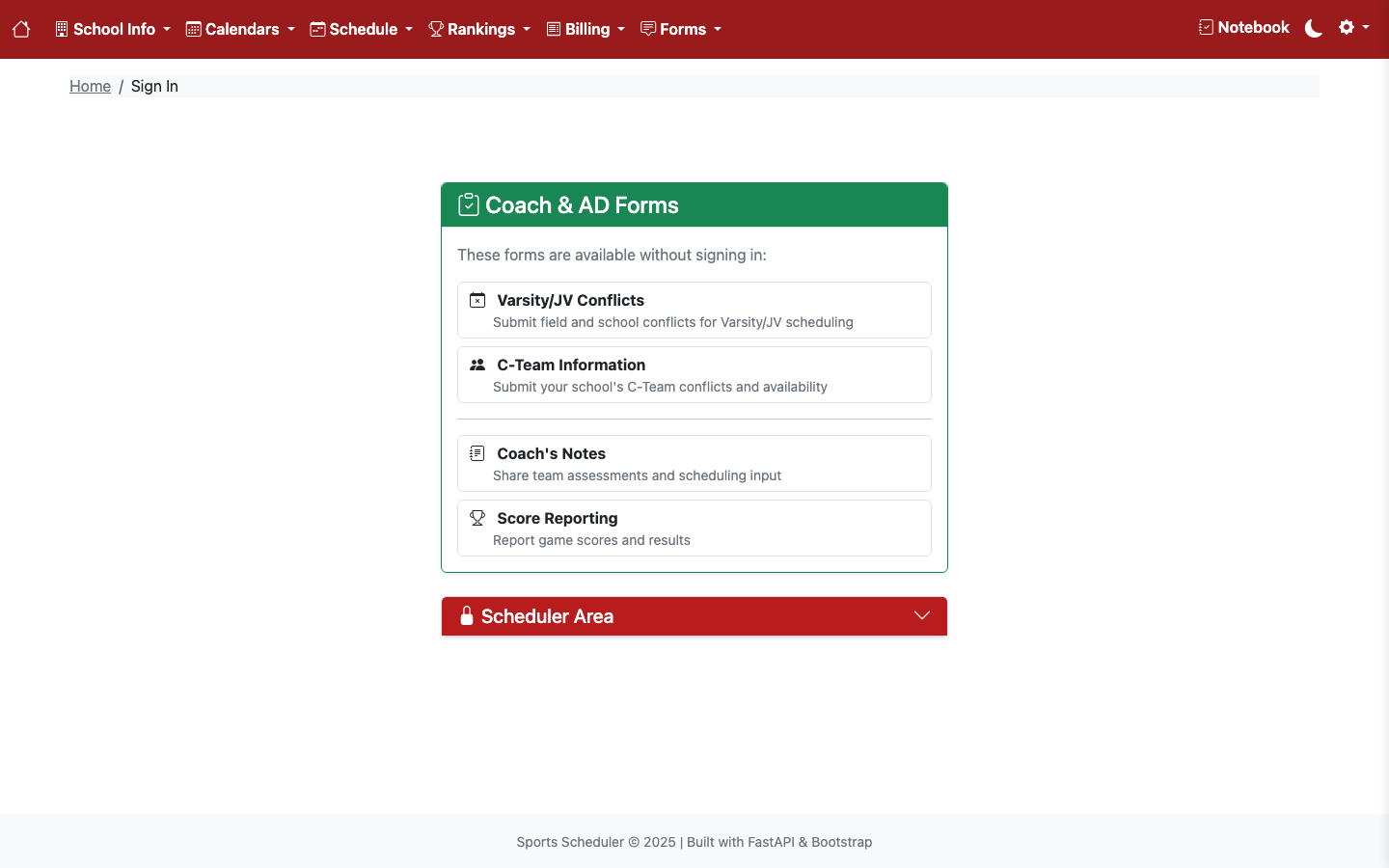 Field hockey scheduler sign-in page