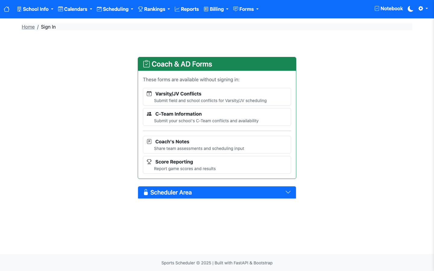 Lacrosse scheduler sign-in page